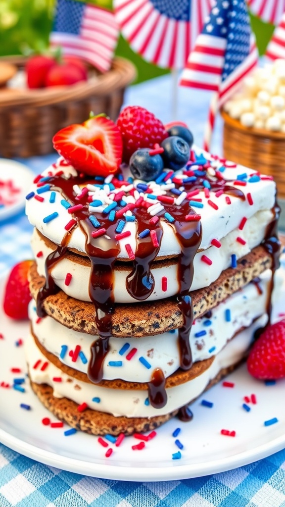 A festive ice cream sandwich cake with layers of ice cream and cookies, topped with sprinkles and chocolate syrup, set in a patriotic picnic scene.